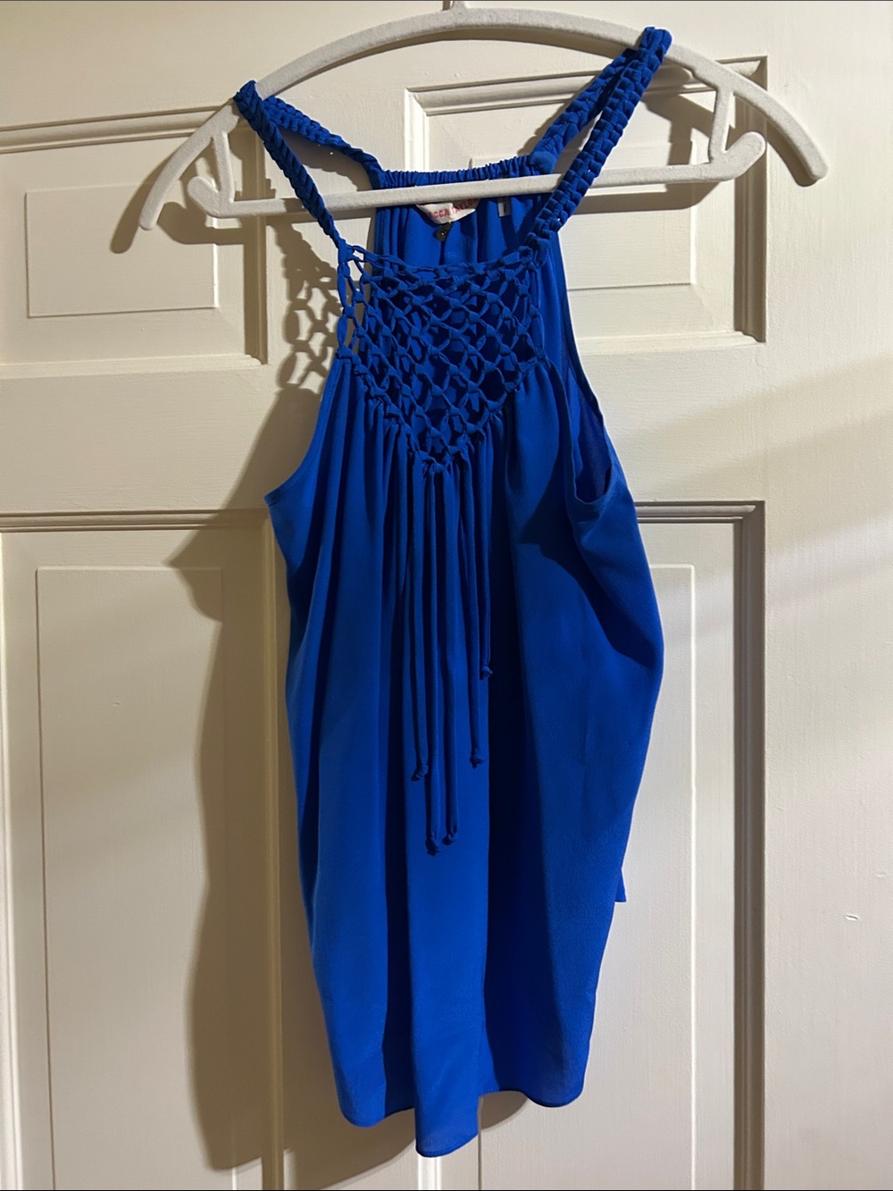 Rebecca Taylor Royal Blue Macramé Yoke Racer back 100% silk top woven strap 4